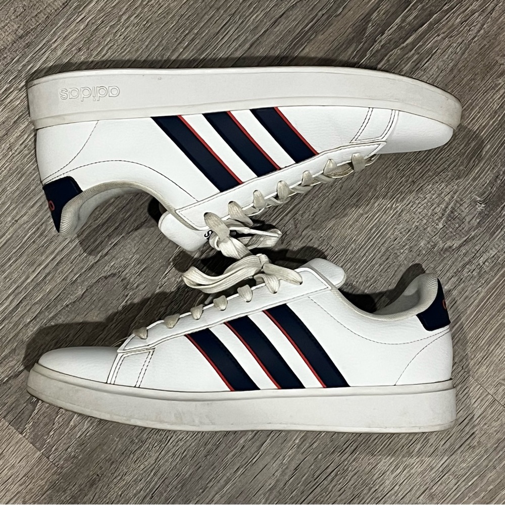 Adidas Men's White Sneakers with Navy and Red Stripes